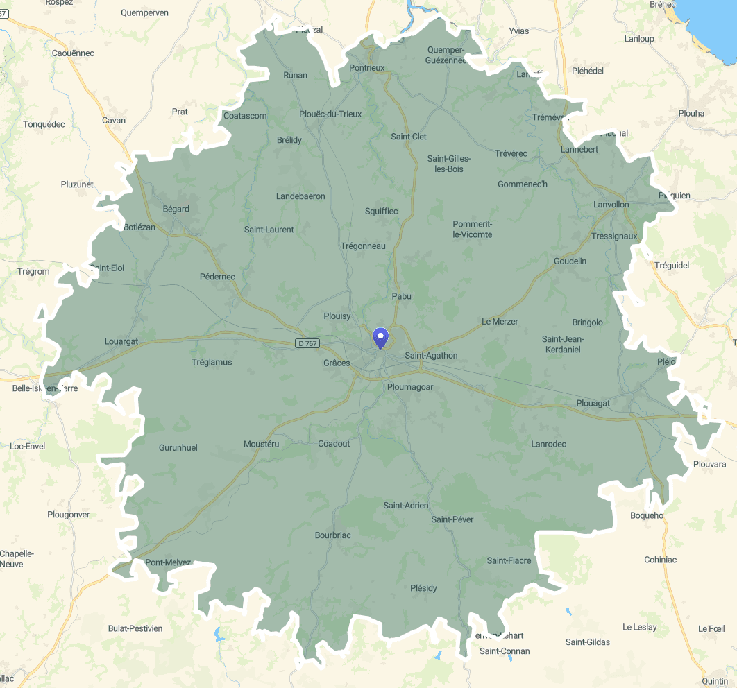 Carte du territoire d'intervention EDS22 - Isochrone 20 km autour de Guingamp